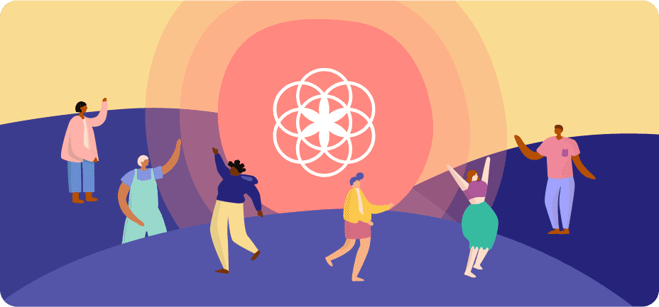 An illustration of a group of people stood on hills with the Clue Logo rising behind